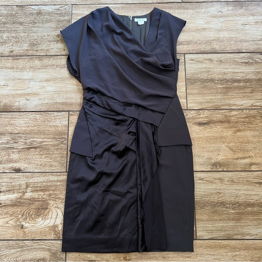 HELMUT LANG Drape Asymmetrical Silk Midi Dress Size 2 Gray Charcoal Layer Dress